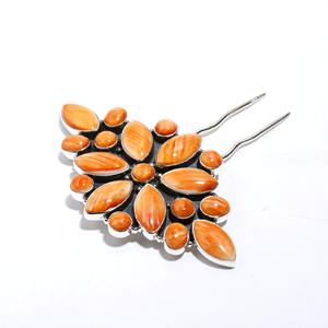 ปิ่นปักผมประดับพลอยหอยนางรมสีส้มธรรมชาติแบบวินเทจทำมือ925สีเงินสเตอลิงนักออกแบบเครื่องประดับกิ๊บติดผม NAVAJO แบบเม็กซิกัน - Product Image 2