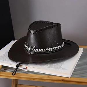 Sombrero de Caballero de vaquero occidental de Cuero 100% para hombres y mujeres con visera accesorio de espectáculo informal grande para exteriores - Product Image 4