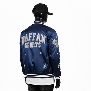 Veste universitaire en satin premium, tissu lisse et brillant, couleur marine, panneaux côtelés, logo brodé en chenille personnalisé, veste pour homme - Product Image 4