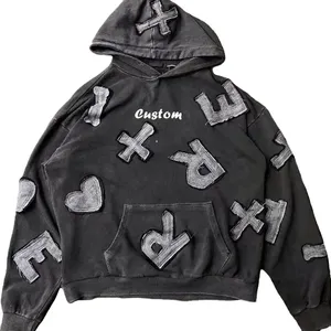 Acid wash hoodie terry distressed applique embroidered hoodie for men Women use Custom heavy weight fabric patches stitch
