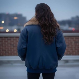 Blouson aviateur oversize en cuir véritable avec col en fourrure de renard, fermeture éclair, veste de motard d'hiver pour femme, coupe-vent, streetwear - Product Image 3