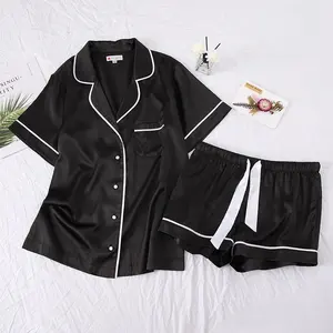 Sleepwear Custom Summer Silk Pajamas Womens Short Sleeve Sleepwear Soft Satin Button Down Loungewear 2 Piece Pjs Shorts Set For Women