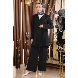 MSW19106-1 Ensemble décontracté noir avec détail ceinture, hauts mi-longs à col rond et manches longues, 100% polyester - Product Image 3