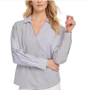 Top Avvolgente a Righe in Cotone Bianco da Donna DKNY, in Popeline Lavorato a Maglia, Formale e Casual, Vintage, Taglia XL per Estate e Autunno - Product Image 3