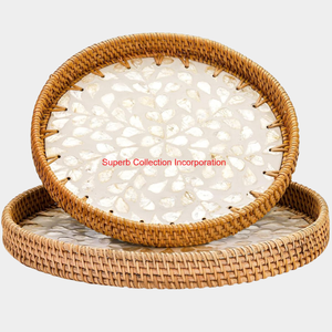 Plateau de service rond tissé en rotin naturel avec incrustation de nacre florale décorative Décoration intérieure et accent de table de cuisine - Product Image 3