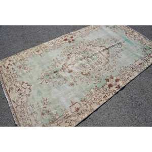Tapis Patchwork en Laine Vintage Vert et Beige Taille 4.5 X 8.2ft Tapis de Salon avec Support en Latex pour Décorations de Couloir - Product Image 2