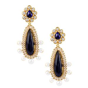 Pendientes colgantes finos Kriaa chapados en oro con perla de piedra azul modelo 1303704 - Product Image 1