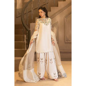 Vestido de Fiesta de Boda Blanco Modesto para Mujer, Traje Pakistaní Farshi Shalwar, Chifón con Bordado Floral, Largo hasta el Suelo, Elegante - Product Image 2