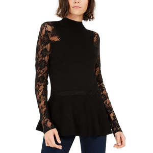 INC International Concepts Maglione da donna con peplum in pizzo nero, taglia piccola - Product Image 1