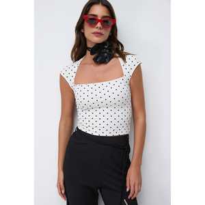 Top Corto Vintage con Estampado de Lunares, Estilo Retro Casual, Tejido de Gasa, Cuello Cuadrado con Decoración de Encaje, Corte Ajustado para Primavera - Product Image 1