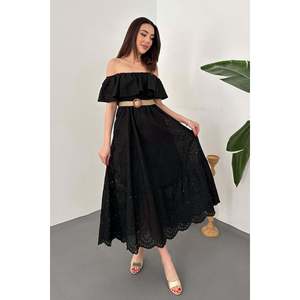 Black Off-Shoulder Broderie Anglaise <b>Dress</b> - Black - Product Image 2