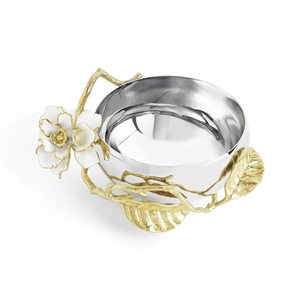 Golden Blossom Luxe Bowl Centro de mesa de plata con adornos florales dorados y detalles de hojas - Product Image 4