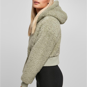 Veste à capuche en polaire olive clair pour femmes, fermeture éclair, vêtement d'extérieur en sherpa, coupe courte, manches longues, douce, chaude, confortable, décontractée, automne, hiver, couche - Product Image 3