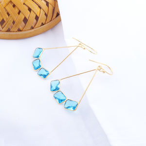 Minimalist baguette shape gemstone dangle <b>earring</b> swiss blue hydro quartz drop dangle <b>earring</b> brass gold plated handmade <b>earring</b> - Product Image 1