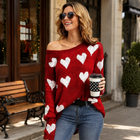 FNJIA damessweater met schattige liefdeshartprint, oversized schouder, los gebreide Valentijns-pullover, blouse-top