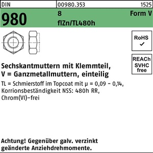 Tuerca hexagonal DIN 980 VM 6 8 con revestimiento de zinc, compuesto deslizante, resistencia a la corrosión 480h, 1000 piezas - Product Image 1