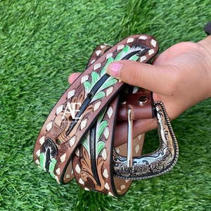 New Arrival Genuine Leather Western Hand Tooled and Hand Painted Floral <b>Belts</b> Real Handmade Tooled Leather Unisex Waist <b>Belts</b> - Product Image 1