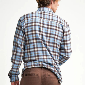 Chemise décontractée à manches longues en flanelle à carreaux bleus et marrons pour homme, col rabattu, manches complètes, pour l'automne, en coton anti-plis - Product Image 5