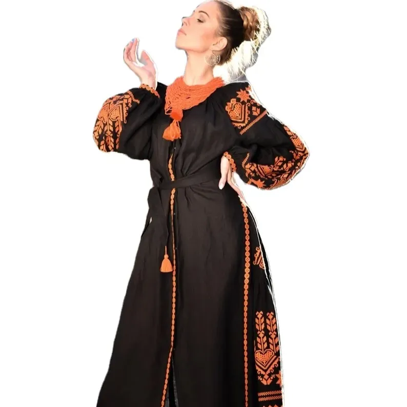 Midi Länge Bohemian Gypsy Großhandels preis Gesticktes Langarm Ukrainisches Maxi kleid Für Frauen