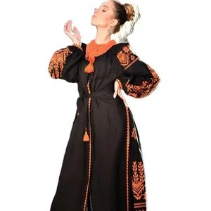 Midi Length Bohemian Gypsy Wholesale Price Embroidered Long Sleeve Ukrainian Maxi Dress For Women