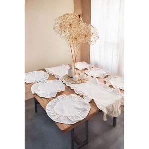 Elegante Juego de Camino de Mesa Gris con Volantes y 6 Manteles Individuales Rectangulares, Decoración de Comedor Estilo Rústico Chic - Product Image 4