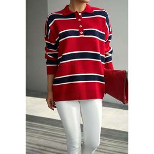 Pull rayé à col polo rouge et bleu marine - Product Image 1