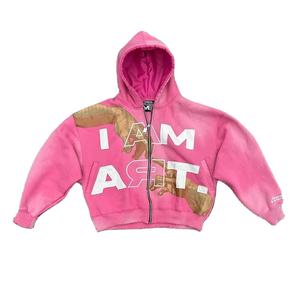 เสื้อฮู้ดดี้ผู้ชายคุณภาพสูง สไตล์ฮิปฮอป สีชมพู แต่งลายปะปักแบบดิสเทรส ผ้าเทอร์รี่แบบแอซิด - Product Image 1