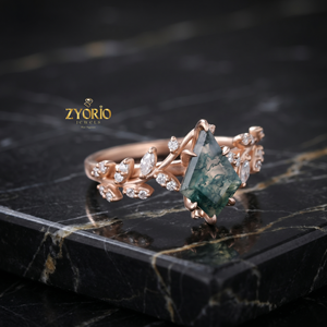 Anillo de compromiso de ágata musgosa con corte cometa, plata de ley 925, diseño floral de vid, inspirado en la naturaleza, anillo de promesa de ágata musgosa para mujer - Product Image 3