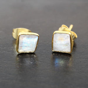 Classic Natural White Rainbow Moonstone Fancy Shape 7MM 24k Gold Plated Bezel <b>Stud</b> <b>Earrings</b> For <b>Girls</b> Women Wholesale Jewelry - Product Image 5