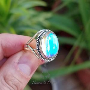 925 Sterling Silver Aurora <b>Quartz</b> <b>Ring</b> Handmade Cut Crystal <b>Ring</b> with Oval Shape Inspired Mercury Aurora Borealis Promise <b>Ring</b> - Product Image 2