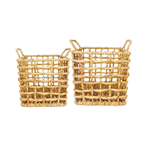 Panier de rangement rond en bambou fait main en rotin de jonc de mer avec poignées et doublure en coton idéal pour le stockage et l'affichage - Product Image 1