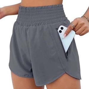 Women's High Quality Breathable Quick Dry Summer <b>Shorts</b> Custom Solid Color Zipper Pocket <b>Elastic</b> <b>Waist</b> Sports Gym Fitness - Product Image 3