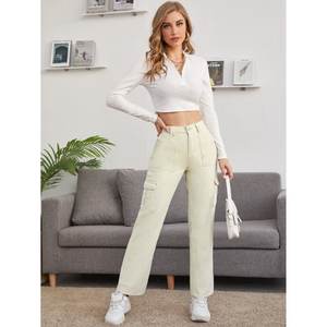 OSCA INTERNATIONAL Crème Y2K Écologique Durable 6 Poches Style Urbain Femme Taille Haute Coupe Droite Extensible Respirante Plissée - Product Image 5