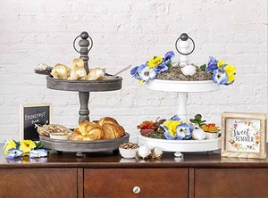Whitewashed 2-Tiered Wooden Fruit Tray Metal Handle | Rustic Farmhouse Style Multifunctional Kitchen Countertop <b>Display</b> Serving - Product Image 6