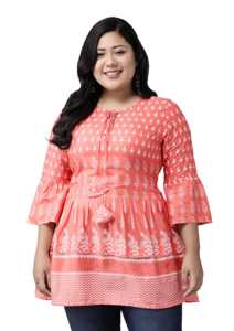 Kurti corto de rayón con estampado floral de melocotón para mujeres y niñas, con cuello de agujero y mangas acampanadas, diseñado para un uso diario cómodo. - Product Image 5