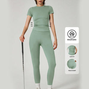 Ensemble de vêtements de sport à impression personnalisée pour femmes T-Shirt en tissu côtelé à haute élasticité Leggings respirant dentelle bouton décor solide Gym un ensemble - Product Image 3