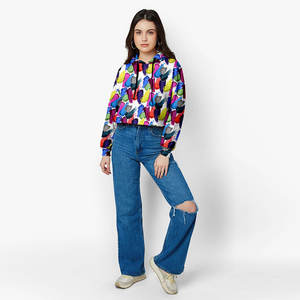 Sudadera con capucha elegante de mezcla de algodón para mujer con dobladillo recortado y Capucha ajustable Sudadera con capucha corta para mujer con sensación ligera - Product Image 1