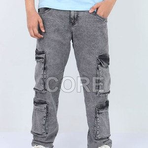 กางเกงยีนส์คาร์โก้ผู้ชายดีไซน์ใหม่ หลายกระเป๋า MOQ ต่ำ กางเกงยีนส์คาร์โก้ผู้ชายแบบฟอก กางเกงผู้ชาย - Product Image 1