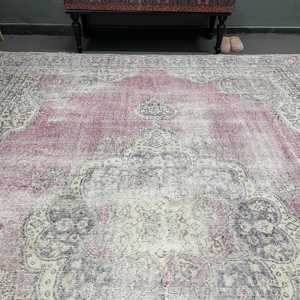 พรมวินเทจตุรกีขนาด 7.9x11 ฟุต พรมขนาดใหญ่ พรมขนสัตว์สีชมพู - Product Image 4