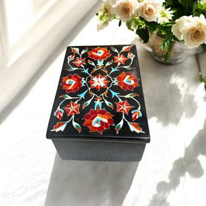 Luxury Black Marble Carnelian Stone <b>Box</b> <b>Floral</b> Design Handcrafted Art Luxury Storage Gifts - Product Image 3
