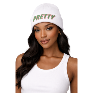Chapeau beanie blanc 08 Pretty Girl, vêtements de sororité grecque, vêtements de sororité universitaire pour femmes, rose et vert, vêtements grecs élégants - Product Image 5