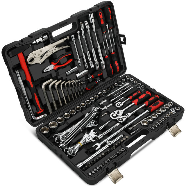 Combination Tool Kit 150 Piece 1/2,3/8,1/4 Inch Drive Flexible Head Rotator Ratchet Handle Wrench Socket Set