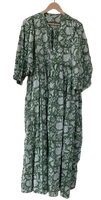 Robe midi d'été verte à imprimé ethnique pour femme, col rond, manches 3/4, boutonnée sur le devant, style bohème décontracté, écologique et respirante