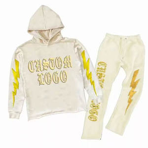 Personnalisé hommes survêtement pantalons de survêtement sweats à capuche broderie appliques en détresse streetwear soleil délavé à l'acide survêtement flyer survêtement - Product Image 1