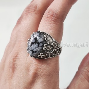 Bague en argent sterling 925 pour homme, pierre précieuse naturelle obsidienne flocon de neige, pierre de naissance, toutes tailles, bijoux de fête arabe, vente en gros - Product Image 1