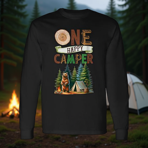 Maglietta a maniche lunghe One Happy Camper per il primo compleanno a tema campeggio con orsetti, personalizzabile, design promozionale - Product Image 3