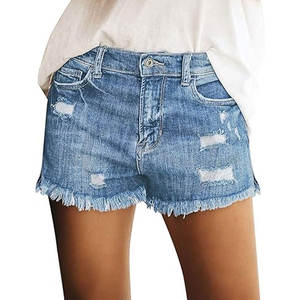 Shorts de mezclilla casuales de tiro medio para mujer con volantes, elásticos, desgastados, con dobladillo sin rematar, transpirables, ideales para el uso diario cómodo. - Product Image 1