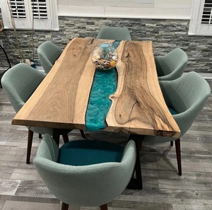 2025 nouveauté dalle de bois à bord vif avec ensemble de table à manger en résine bleu clair en stock table à manger époxy en bois d'acacia indien - Product Image 1
