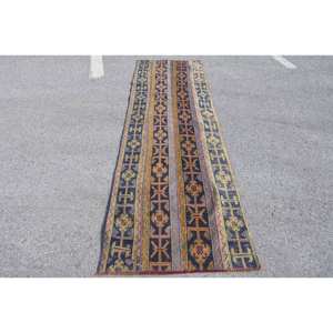 Alfombra turca tradicional azul naranja 2,8 X 9,3ft, alfombra para sala de estar con rectángulo de pasillo y patrón de rompecabezas para adolescentes - Product Image 1