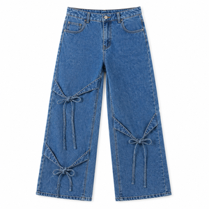 Jeans Anchos de Mujer Estilo Y2K con Detalle de Lazo, Cintura Alta, Corte Holgado, Lavado Claro, Denim Ecológico, Transpirable, Moda de Verano - Product Image 4